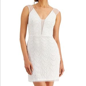 V-Neck midi Embelished illusion dress in ivory with beading all over
